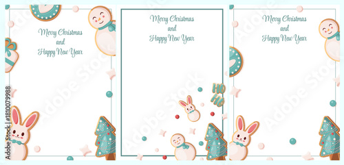 Christmas and New Year set of flyers with gingerbread cookies. Vector illustration for greeting cards, social media posts, email cards, banners, posters, and flyers.