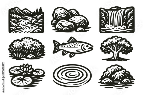 Nature icons set with trees, waterfall, fish, and rocks in woodcut style