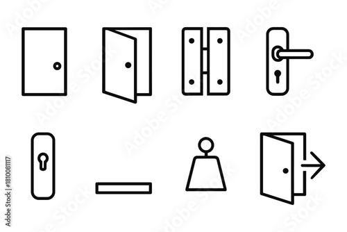 Minimalist door icons collection featuring handles, hinges, and keyholes