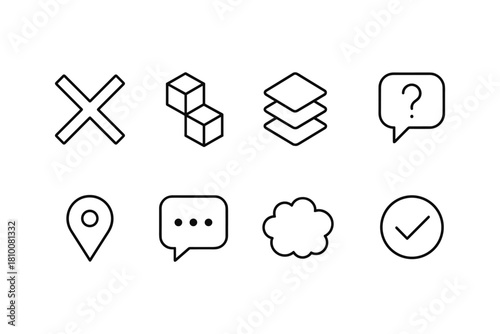 Minimalist line art icons set: communication, location, completeness, question, layers, cubes