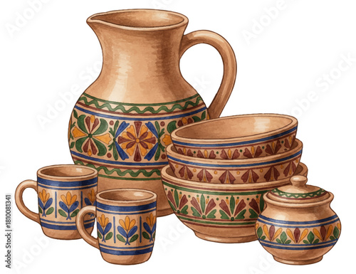 Traditional Ukrainian ceramic set: pitcher, bowls, mugs with folk ornament pattern. Earthy pottery with blue, green, yellow floral decoration. Great for cultural design or food themes. Vector design