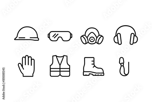 Safety equipment line icons: helmet, goggles, respirator, headphones, gloves, vest, boot, lanyard