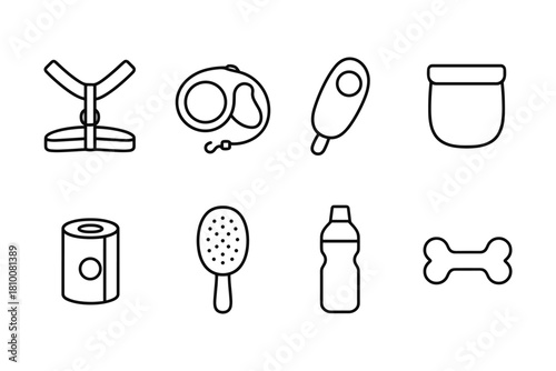 Minimalist pet accessories icons: harness, leash, waste bag, treat jar, brush, water bottle, bone