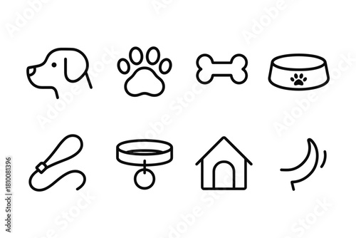 Dog supplies icon set: minimalist linear design for pet lovers