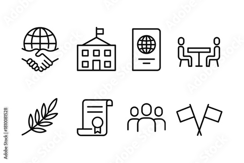 Linear icon set of global symbols including school, passport, and communication elements