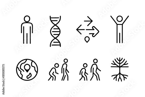 Line icons representing human evolution, dna, global mapping, and growth