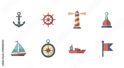 Nautical set: anchors, boats, lighthouses, and more in flat design