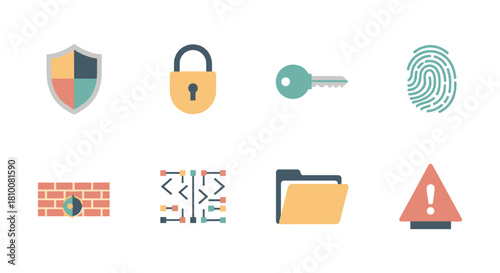 Cybersecurity icon set featuring flat style locks, shield, and data protection symbols