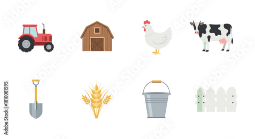 Farm icon set: tractor, barn, chicken, cow, tools, and harvest elements