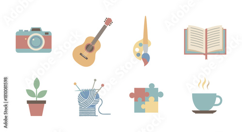 Hobbies and leisure symbols in flat design: art, music, and more