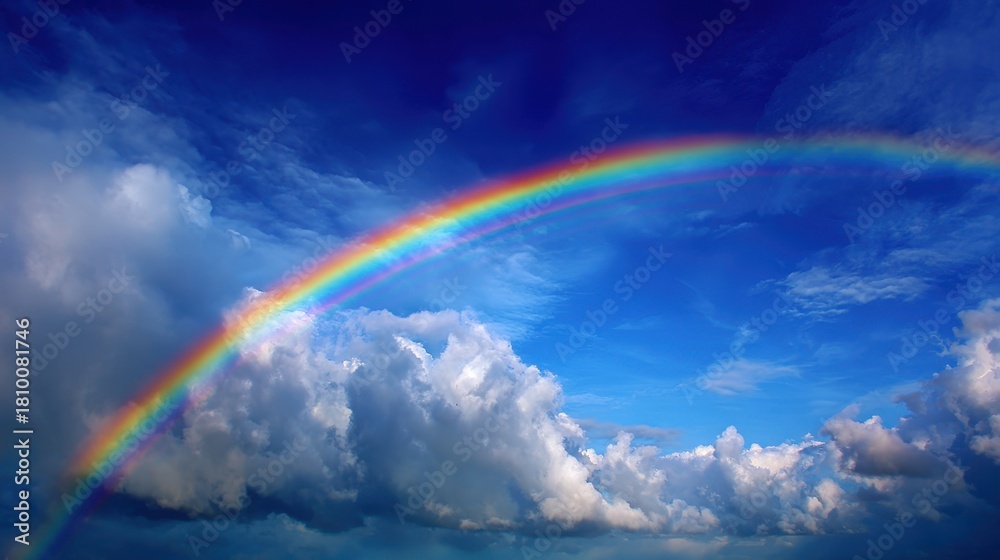 Obraz premium A stunning rainbow spans the sky brightly colored against a backdrop of clouds and blue.
