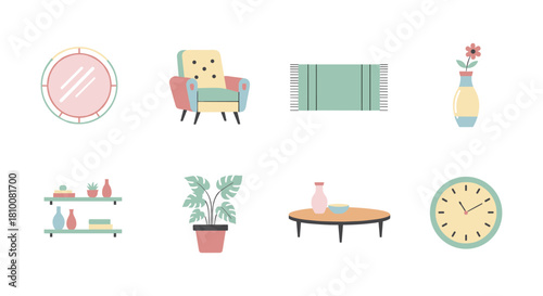 Mid century modern home decor elements in flat pastel style