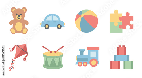 Simple pastel toy collection featuring bear, car, ball, and more for kids
