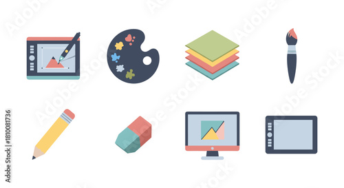 Flat design art tools and creative equipment icons set