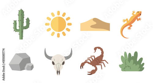 Desert elements collection: flat icons of cactus, sun, dunes, and wildlife