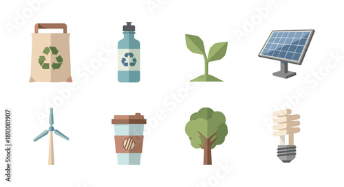 Eco-friendly icons: renewable energy, sustainability, and green living in flat design