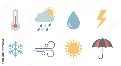 Weather icons set: temperature, rain, sun, and more in modern flat design