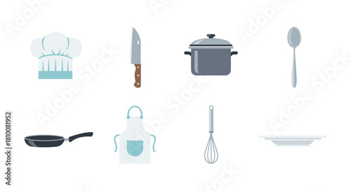 Kitchen utensils collection: chef hat, knife, pot, spoon, pan, apron, whisk, plate