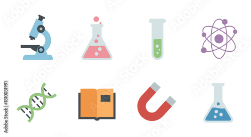 Colorful science education icons: microscope, dna, atom, and more in flat design