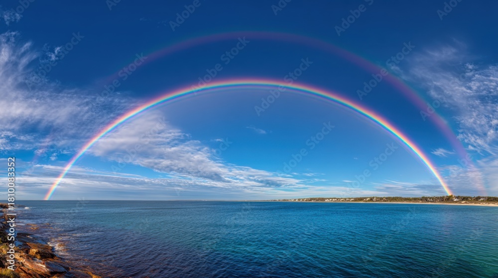 Obraz premium A stunning double rainbow stretches across a bright blue sky above calm ocean waters creating a magical scene.