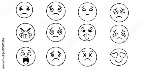 Collection of cartoon egg faces expressing different emotions in black and white