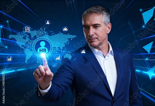 senior hr manager using digital interface for global human resources management