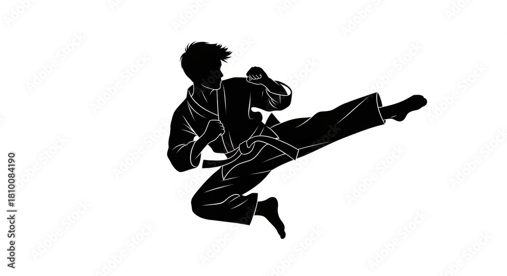 Fototapeta premium Black Vector Silhouette of a Teenager Practicing Martial Arts Kata