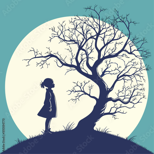 A girl looks at a bare tree in front of a full moon silhouette art