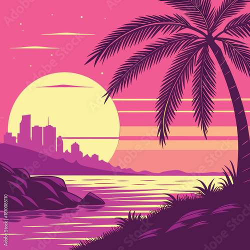 Tropical sunset with palm tree and city skyline in the background