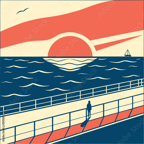 Man standing on pier watching sunset over the ocean with sailboat