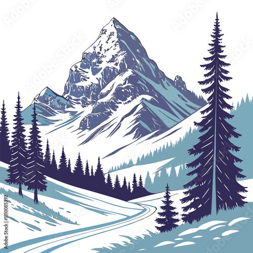 Winter mountain landscape with snow, trees, and winding road isolated on