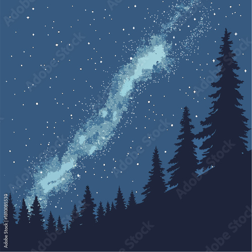 Night sky with milky way, stars, and pine trees in a dark forest