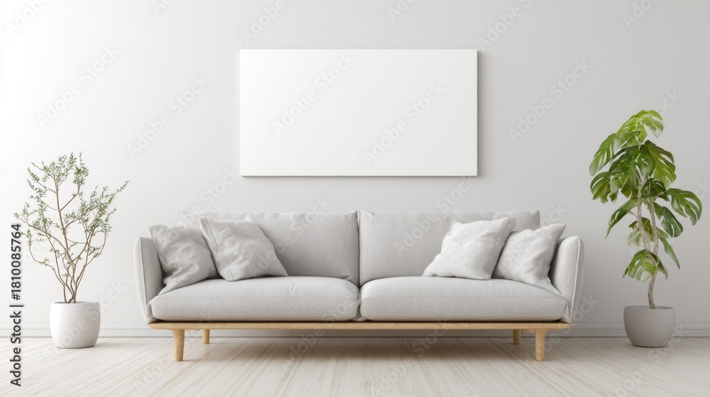 Fototapeta premium A cozy living space features a light gray sofa adorned with soft pillows surrounded by green plants.