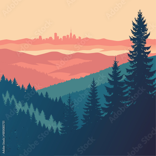 Mountain landscape with forest and city skyline in the distance view