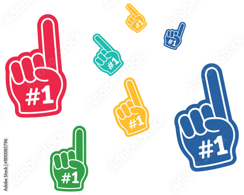 Foam fan finger hand with number one, fan arm gloves with raised finger, sports team support concept, cheering accessory vector illustration, digital graphic for apps, websites, event promotions, and 