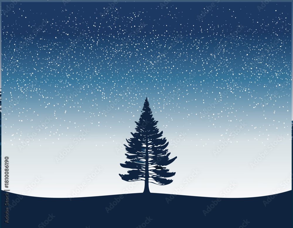 Naklejka premium A lone pine tree stands beneath a starry night sky, creating a serene scene