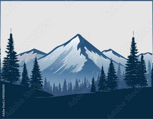 Majestic mountain range with snowcovered peaks and evergreen trees in a blue tone