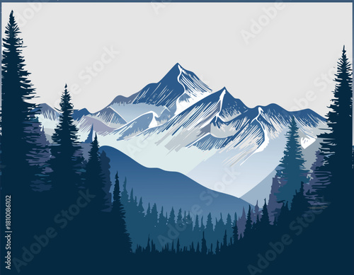 Breathtaking mountain vista with snowcapped peaks and evergreen forest in blue shade
