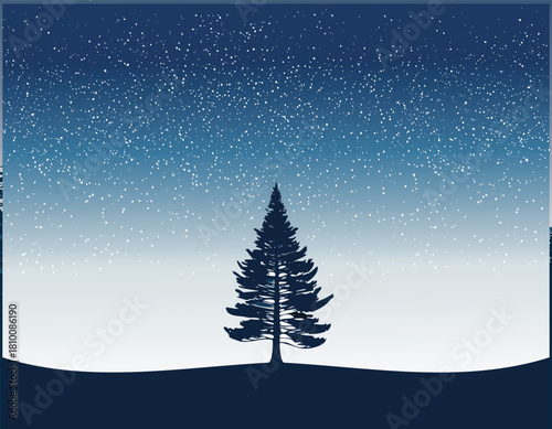 A lone pine tree stands beneath a starry night sky, creating a serene scene
