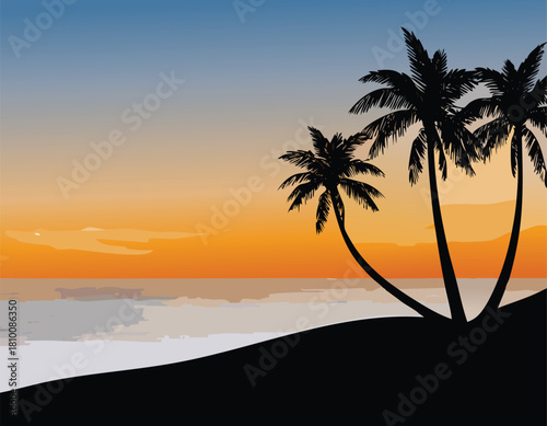 Tropical beach with palm tree at sunset in vector format illustration