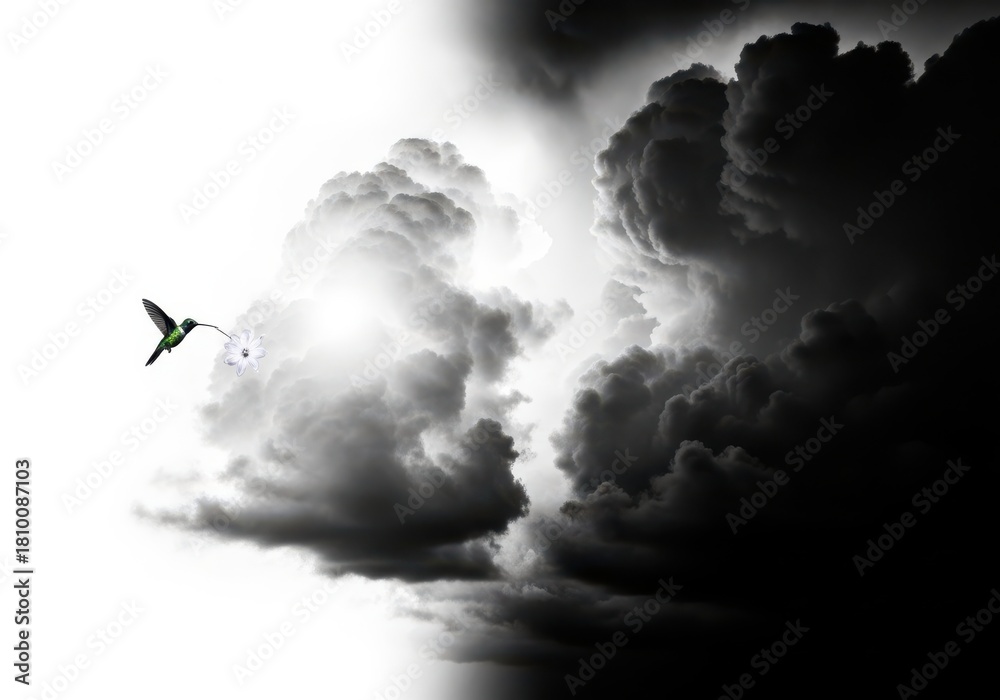 Obraz premium Hummingbird flying towards the light in a stormy sky, hope and inspiration