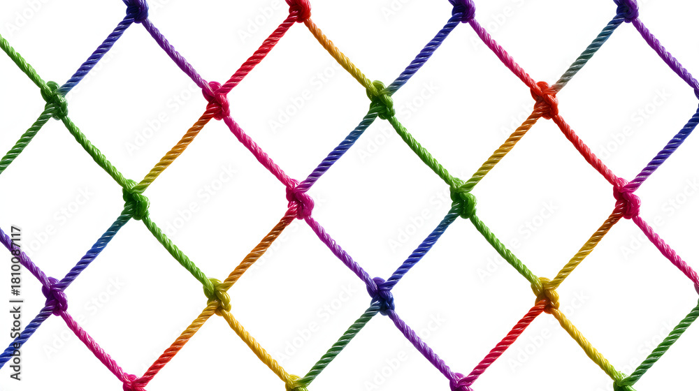 Fototapeta premium Colorful fishing net isolated on white background, close up shot