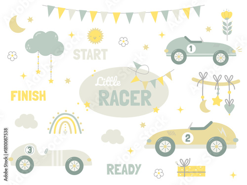 A collection of children's illustrations featuring small racing cars, clouds, stars, and rainbows for babies
