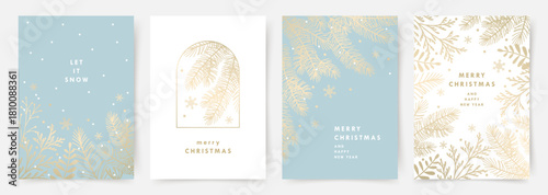 Merry Christmas greeting cards. Blue and white backgrounds with golden fir tree branches and snowflakes. Abstract holiday vector illustrations for poster, cover, advertisement, flyer, invitation