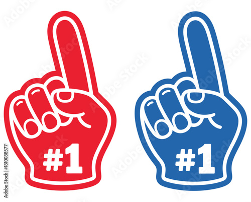 Foam fan finger hand with number one, fan arm gloves with raised finger, sports championship team support concept, cheering accessory vector illustration, digital graphic for apps, websites, event pro