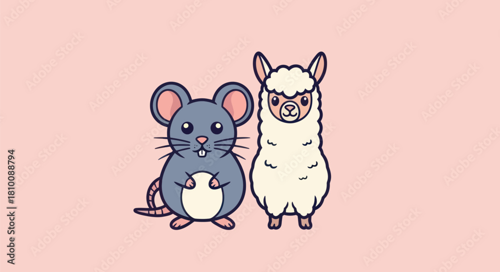 Naklejka premium A cartoon mouse and llama stand side-by-side against a pink background