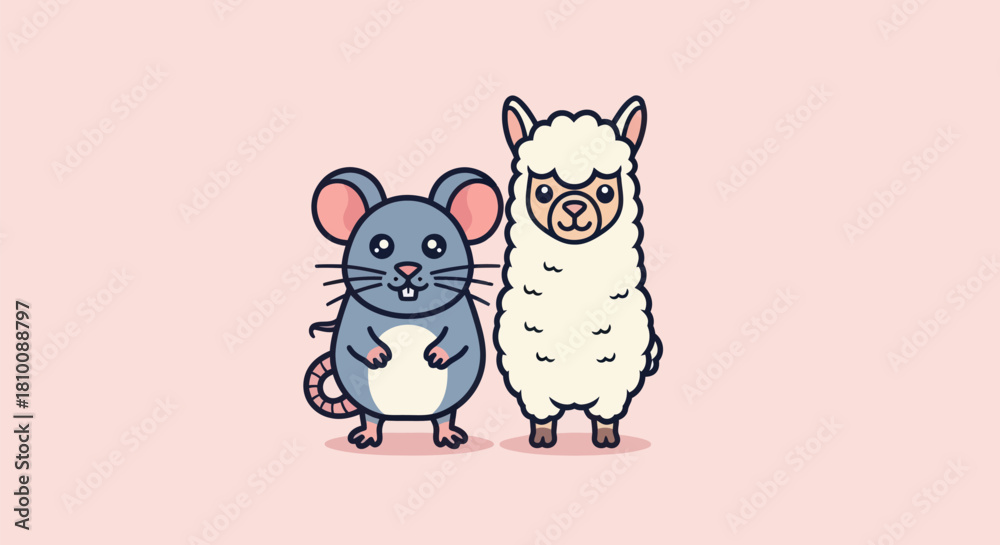Obraz premium A cartoon mouse and alpaca stand side by side on a soft pink background
