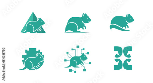 Six teal quokka silhouette designs on white. Some include shapes mountain, circuit board, curve, and gear