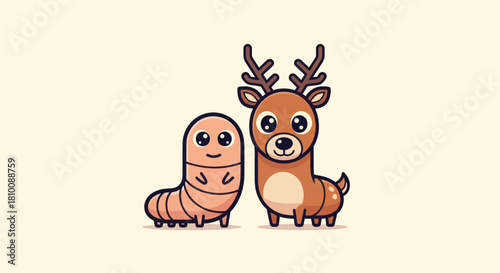 Cartoon illustration featuring a friendly-looking worm next to a deer. Light beige backdrop