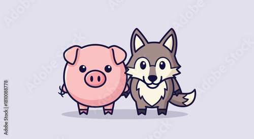 Two cartoon animals, a pink pig and a gray wolf, stand together on a light purple background